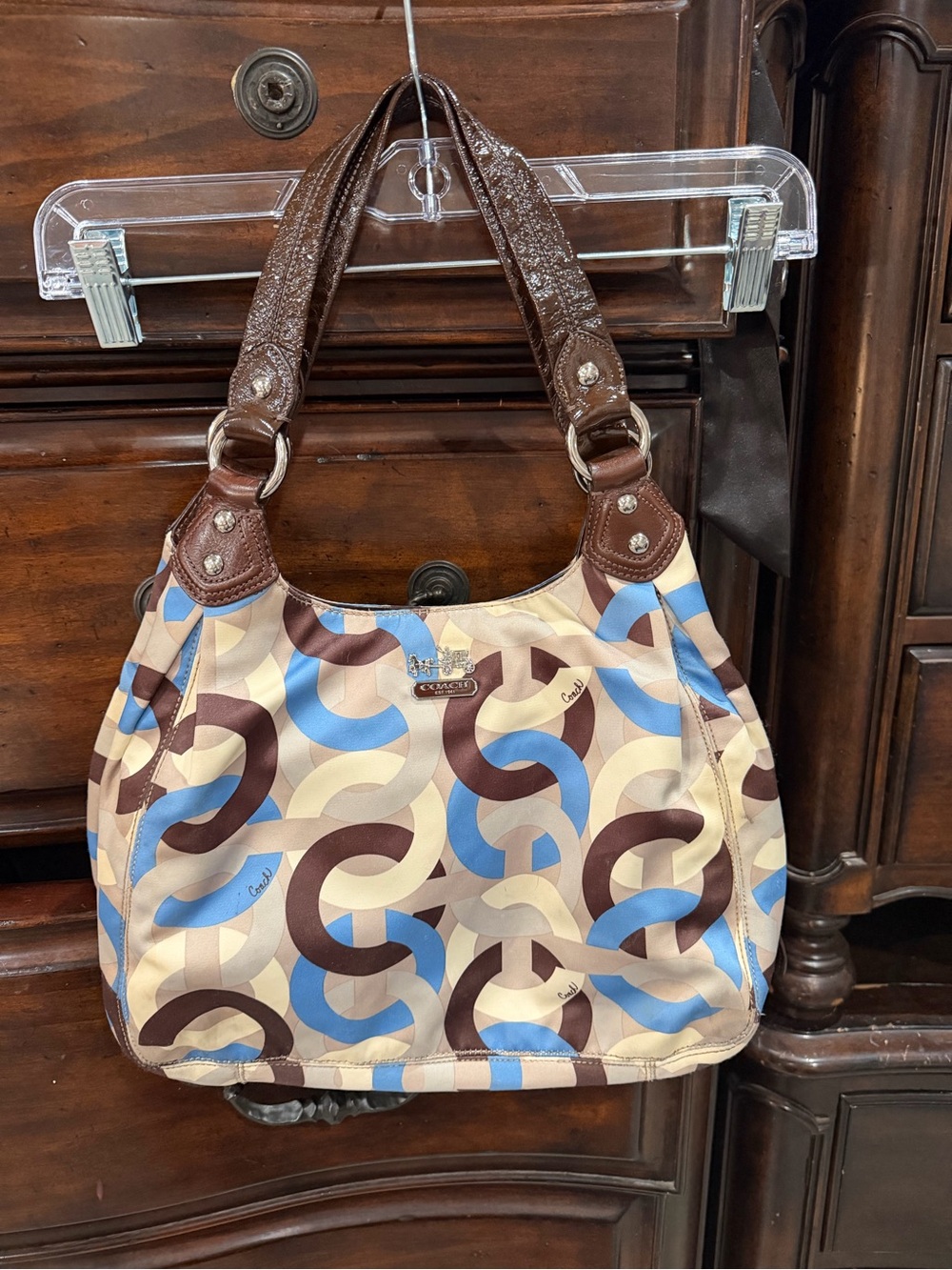 Coach Blue, Brown & Cream Signature Pattern Shoulder Bag